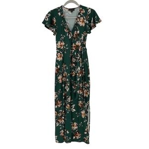 Fortune + Ivy Emerald Green Floral Maxi Dress Surplice Tie Waist Size Small NWOT
